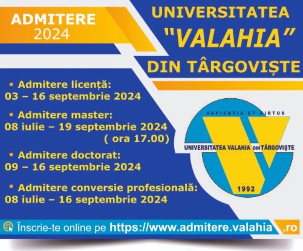 Universitatea "Valahia" din Târgoviște finalizează astăzi, ora 17:00, a doua sesiune de admitere pentru anul 2024, oferind oportunități