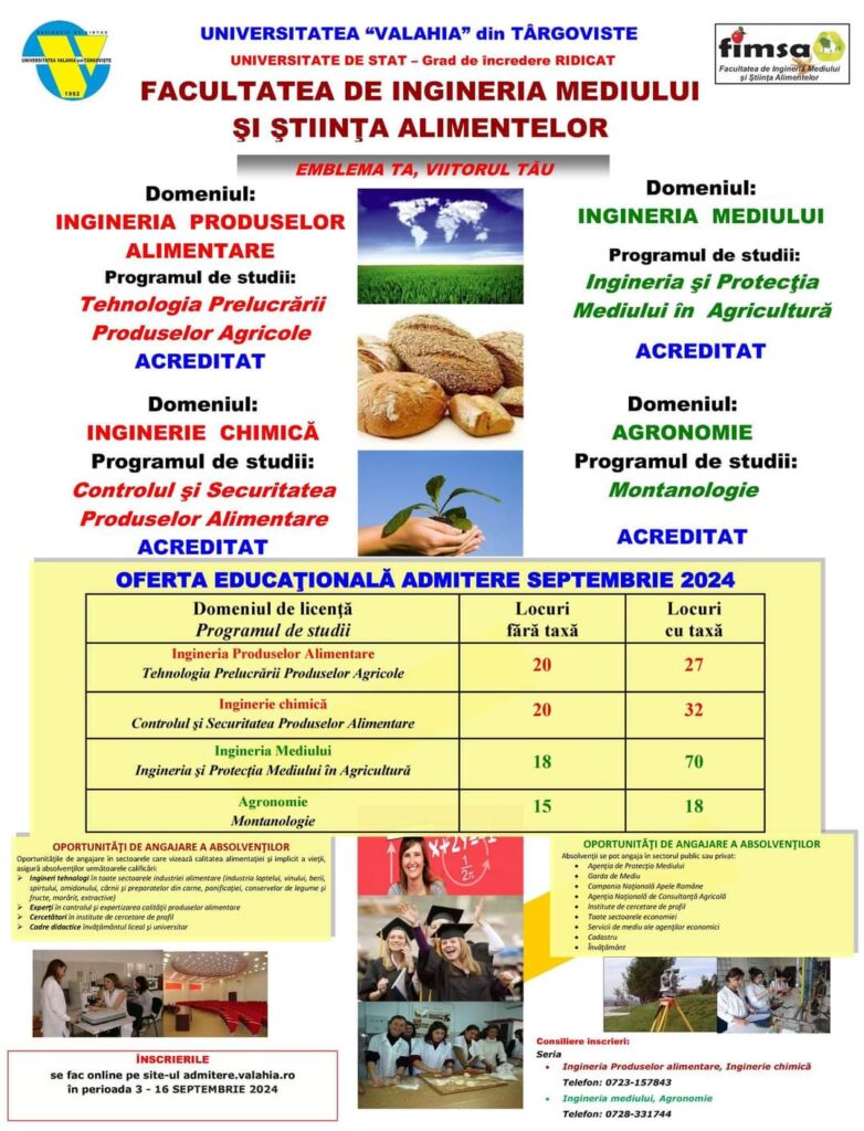 Sesiune de admitere la Facultatea de Ingineria Mediului și Știința Alimentelor din cadrul Universității „Valahia” din Târgoviște începând cu data de 3 septembrie 2024.