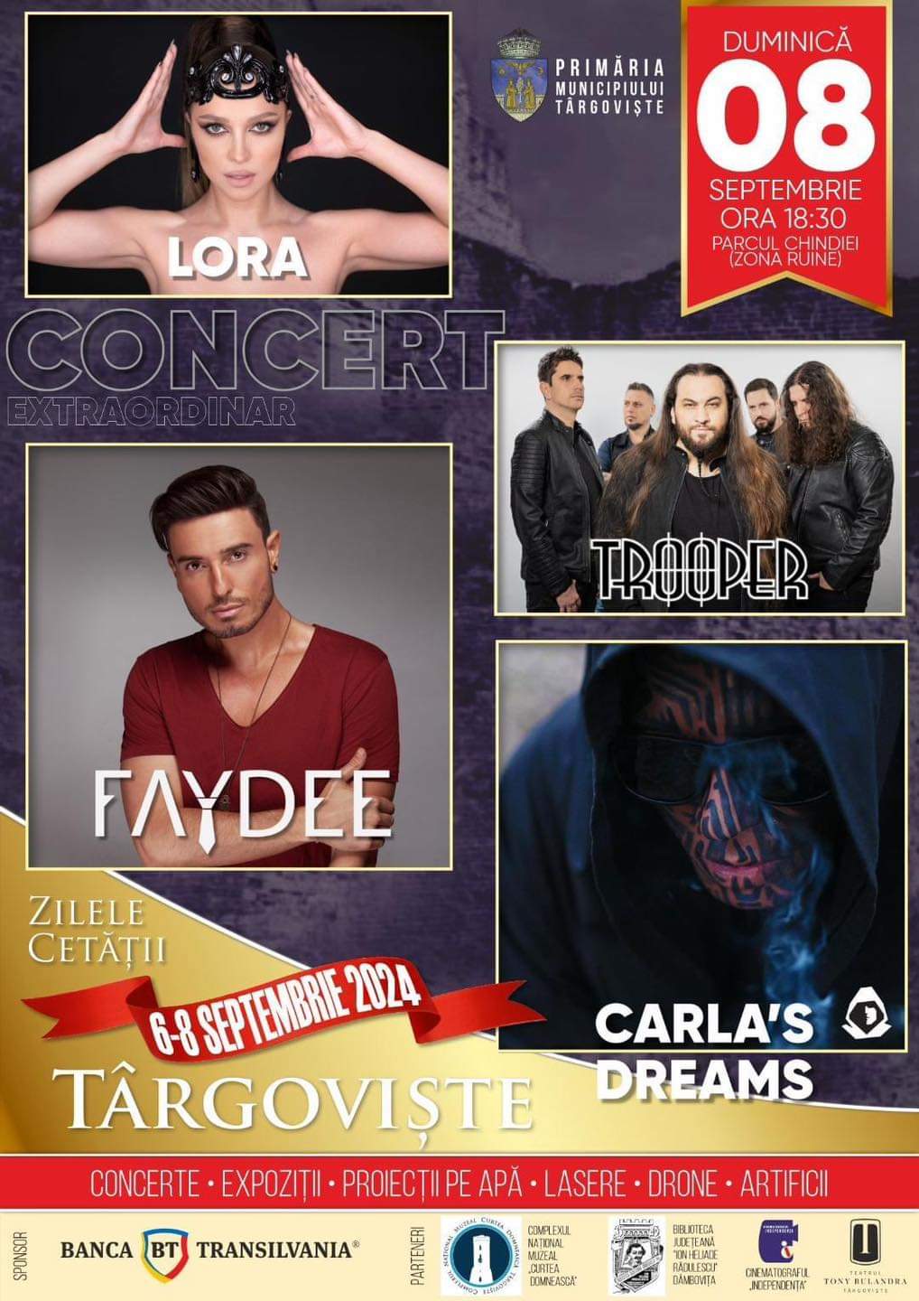 De Zilele Cetății Târgoviște vor fi concerte extraordinare , vineri, 6 septembrie 2024, de la ora 18:30, în Parcul Chindiei