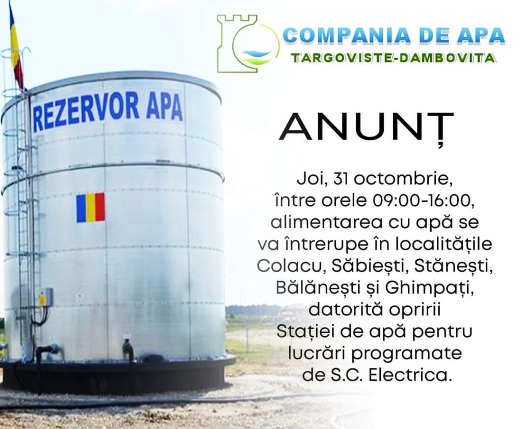 Compania de Apă Târgoviște-Dâmbovița informează locuitorii din orașul Răcari că, pe 31 octombrie 2024, între orele 09:00 și 16:00