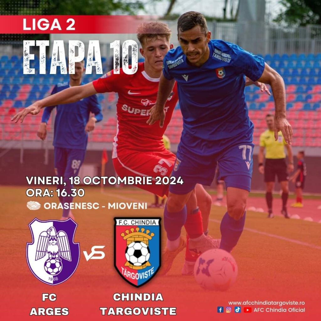 Chindia Târgoviște joacă în deplasare cu ACS Campionii Fotbal Club Argeș  în etapa 10 a Ligii 2, 18 octombrie, cu începere de la ora 16:30, pe stadionul orășenesc din Mioveni.