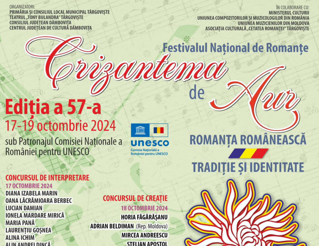 Târgoviște va găzdui în perioada 17-19 octombrie 2024, Festivalul Național de Interpretare și Creație a Romanței „Crizantema de Aur”, un eveniment de referință dedicat artei romanței românești.
