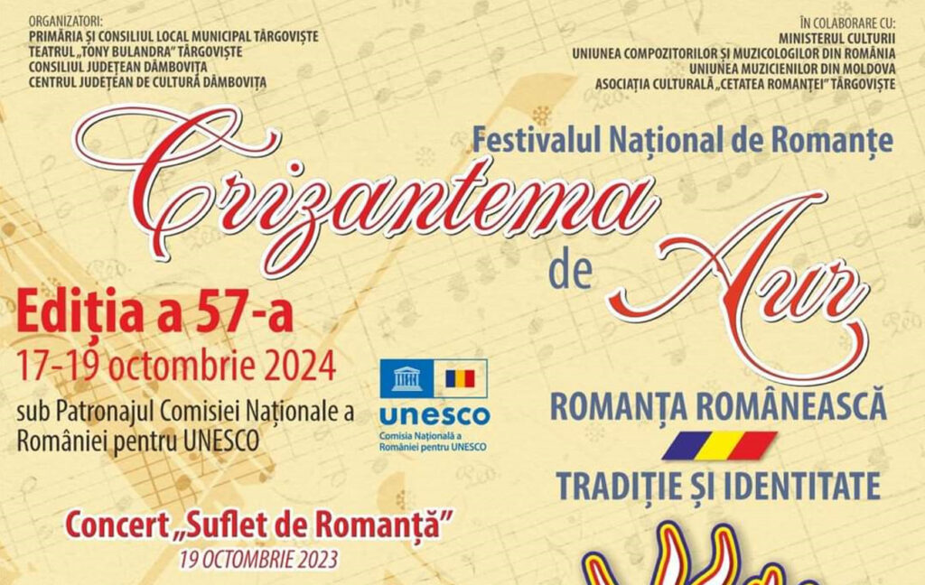 Ultimele pregătiri pentru Festivalul „Crizantema de Aur”, ce va avea loc la Târgoviște,  17-19 octombrie 2024 Ultimele pregătiri pentru Festivalul Naţional de Interpretare şi Creaţie a Romanţei „Crizantema de Aur”.
