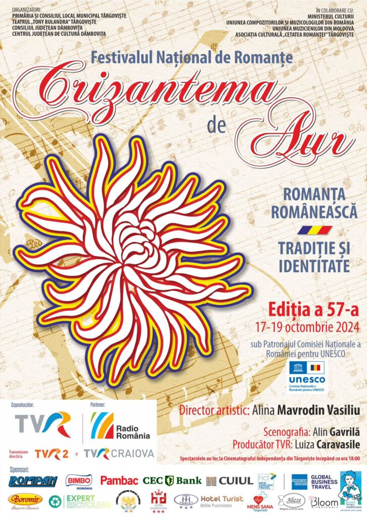 Festivalul Național de Romanță „Crizantema de Aur”, ediția a 57-a, se va desfășura în Târgoviște, 17-19 octombrie 2024 Festivalul Național de Romanță "Crizantema de Aur", ediția a 57-a, se va desfășura în Târgoviște, 17-19 octombrie 2024