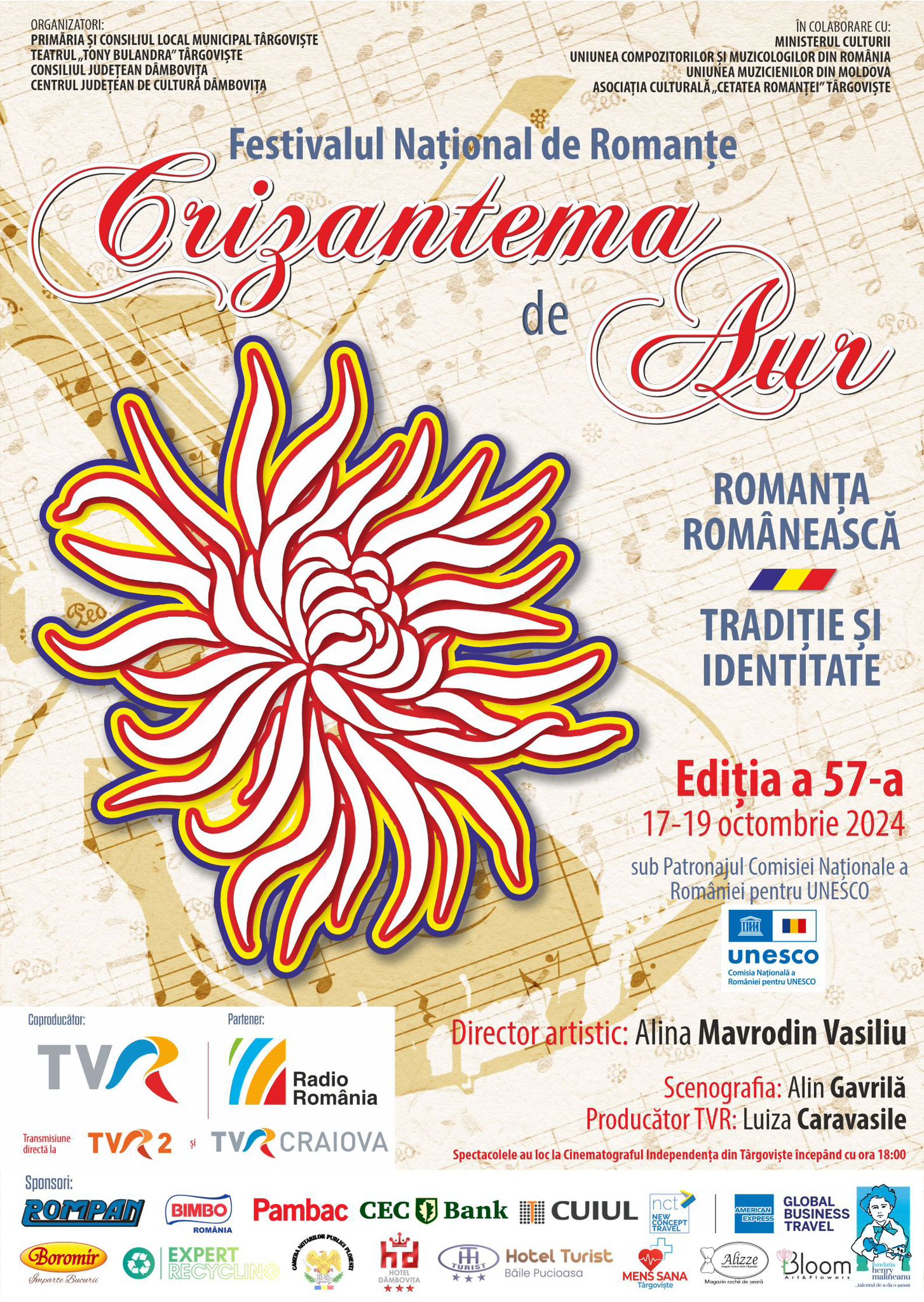Festivalul Național de Romanță "Crizantema de Aur", ediția a 57-a, se va desfășura în Târgoviște, 17-19 octombrie 2024