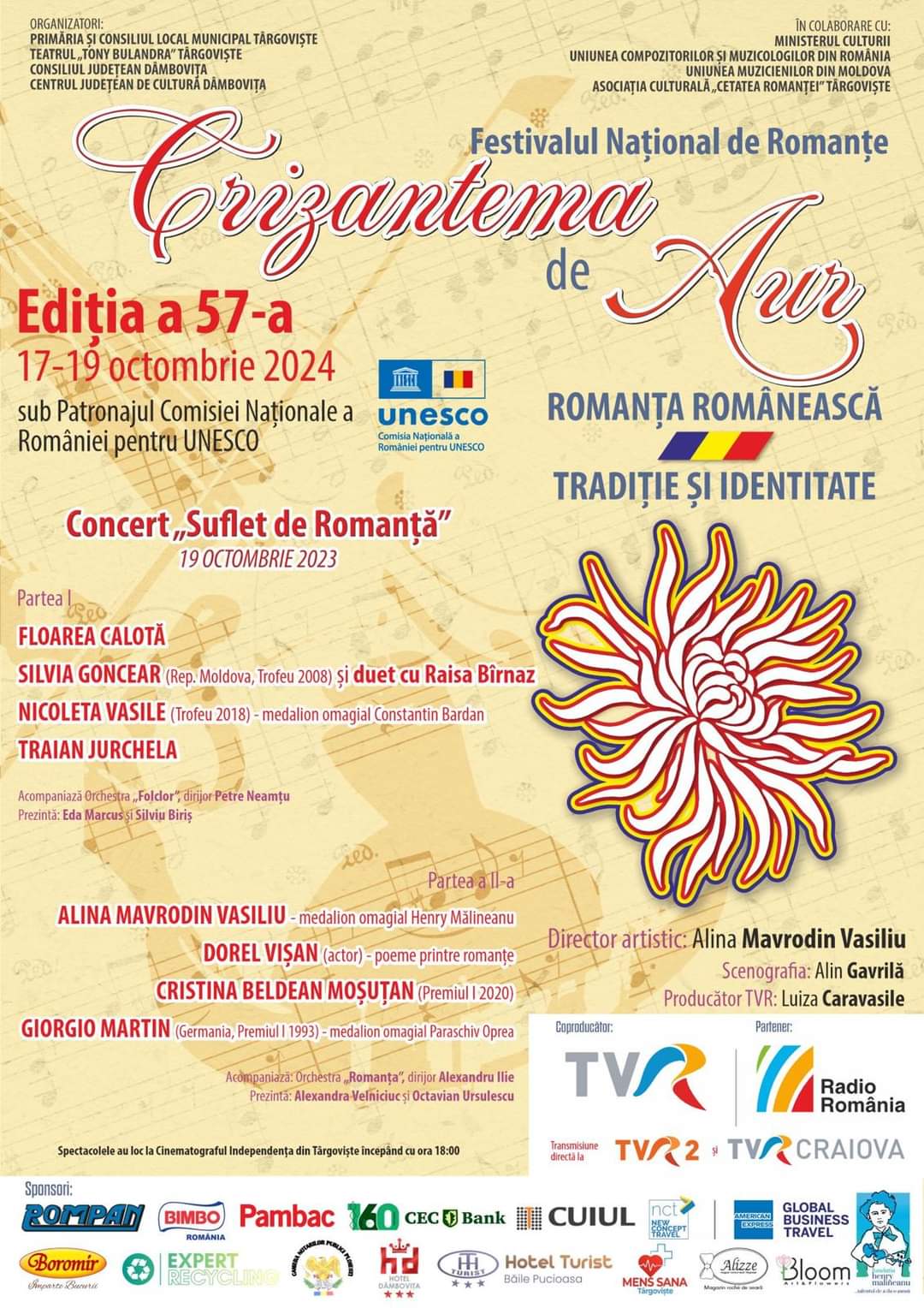 Mâine, la Târgoviște începe Festivalul „Crizantema de Aur” 2024,între 17 și 19 octombrie 2024, Târgoviște va găzdui cea de-a 57-a ediție a Festivalului Național