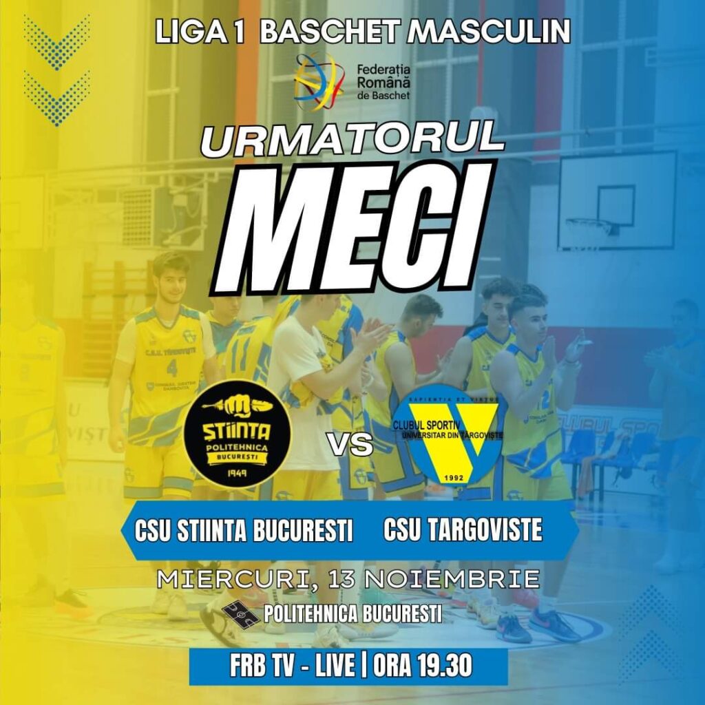 Hai CSU Târgoviște! Pe 13 noiembrie, iubitorii baschetului sunt invitați să urmărească un meci interesant din Liga 1 Masculină