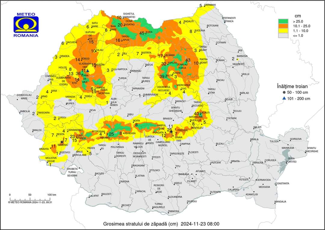 Zăpadă semnificativă în Munții Carpați, în urma ninsorilor din ultimele zile, stratul de zăpadă s-a acumulat semnificativ