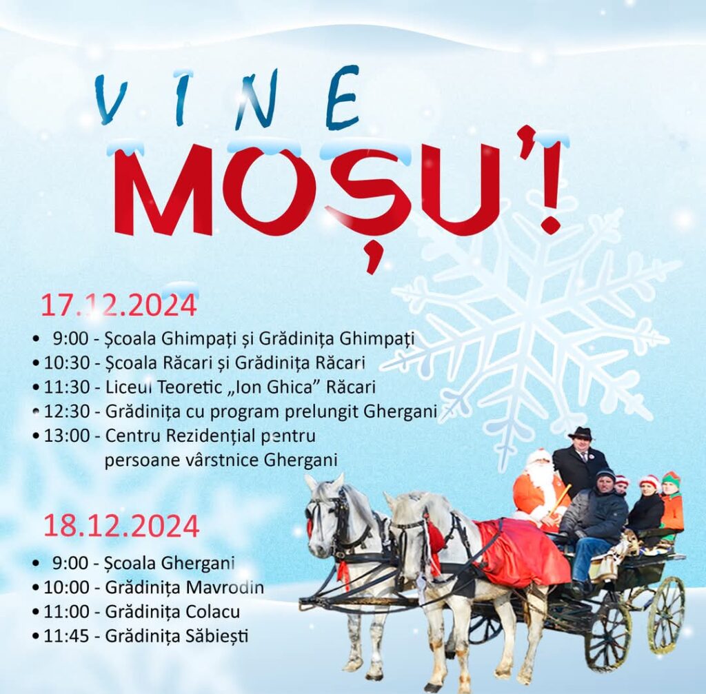 Moș Crăciun sosește, marți, 17 decembrie, la Răcari cu daruri și zâmbete.