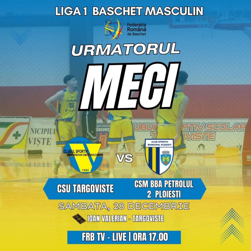 CS Universitar Târgoviște întâlnește CSM BBA Petrolul 2 Ploiești pe 28 decembrie, iubitorii de baschet din Târgoviște sunt invitați să asiste la un spectacol sportiv de neuitat.