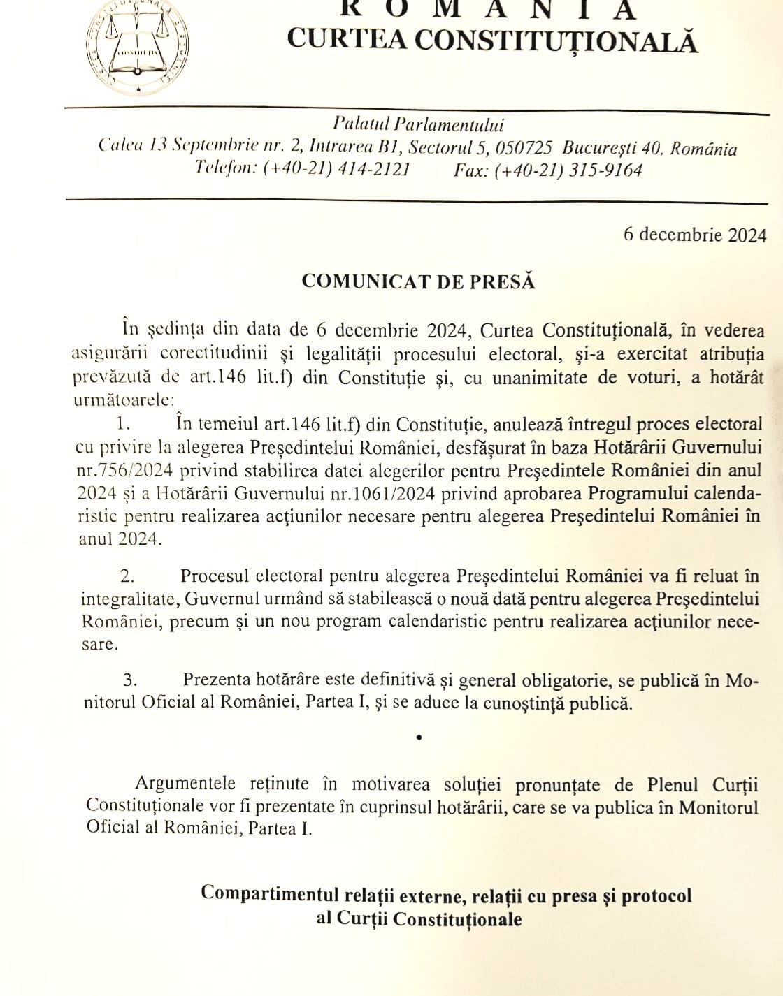 Decizie istorică: Curtea Constituțională a României a luat vineri o decizie de amploare, anulând întregul proces electoral pentru alegerea Președintelui României.