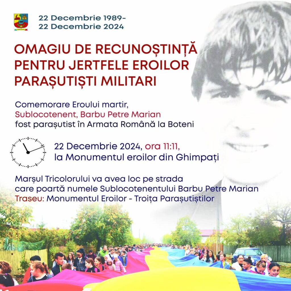 Omagiu pentru eroii parașutiști militari: Ceremonie și Marșul Tricolorului în Ghimpați.Pe 22 decembrie 2024, Ghimpați va găzdui