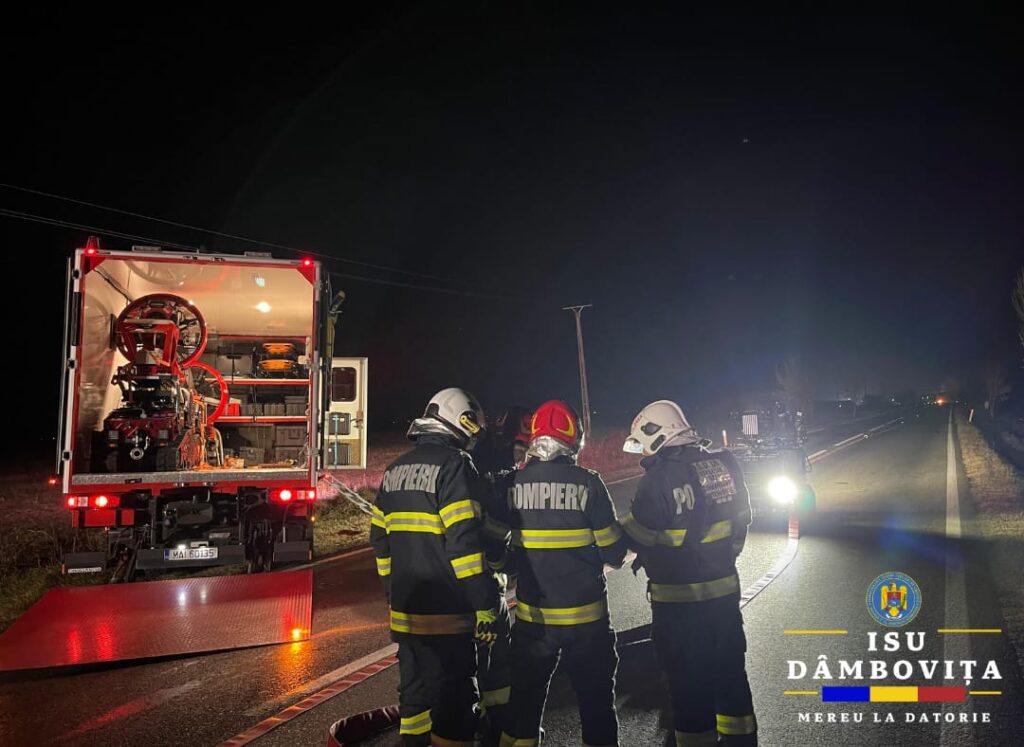 Roboții intervin pentru stingerea incendiului la cisterna cu GPL pe DN 72 unde a avut loc  un grav accident rutier, în zona localității Săcueni