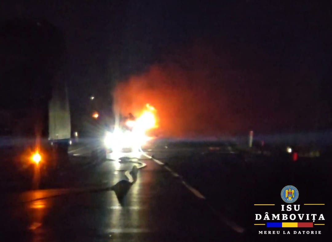 Roboții intervin pentru stingerea incendiului la cisterna cu GPL pe DN 72 unde a avut loc un grav accident rutier, în zona localității Săcueni