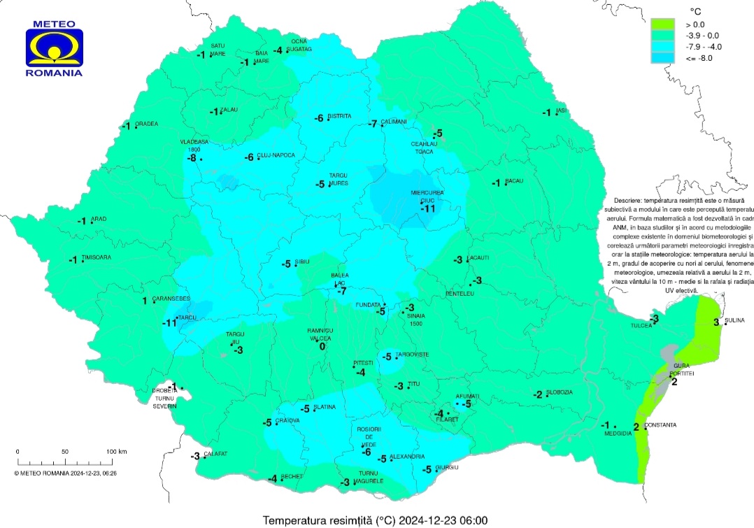 În această dimineață, Târgoviște s-a trezit cu temperaturi de -3 grade Celsius și o senzație termică de -5 grade, iar vremea nu promite prea multe îmbunătățiri în următoarele ore.