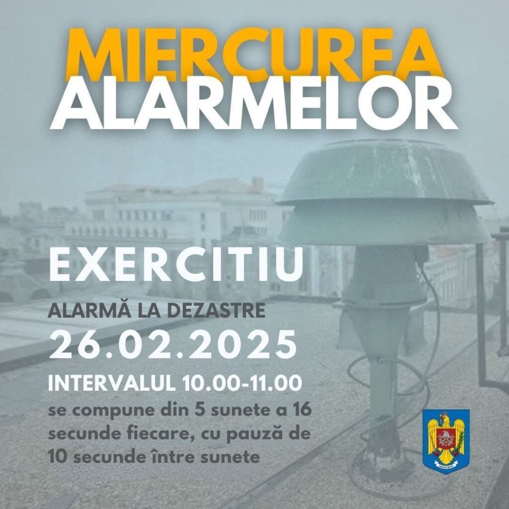 Exercițiu de alarmare publică în județul Dâmbovița: Miercuri, 26 februarie 2025, între 10:00 și 11:00 Miercuri, 26 februarie 2025, în județul Dâmbovița va avea loc un exercițiu de alarmare publică, parte a acțiunii naționale „Miercurea Alarmelor”.