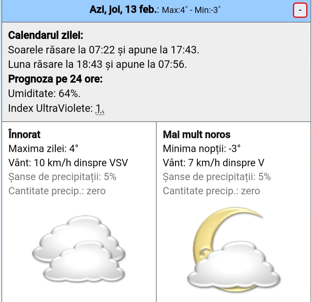 Vreme rece, soare cu dinți și posibile depuneri de polei în întreaga țară, astăzi, 13 februarie, temperaturi scăzute mai ales dimineața.