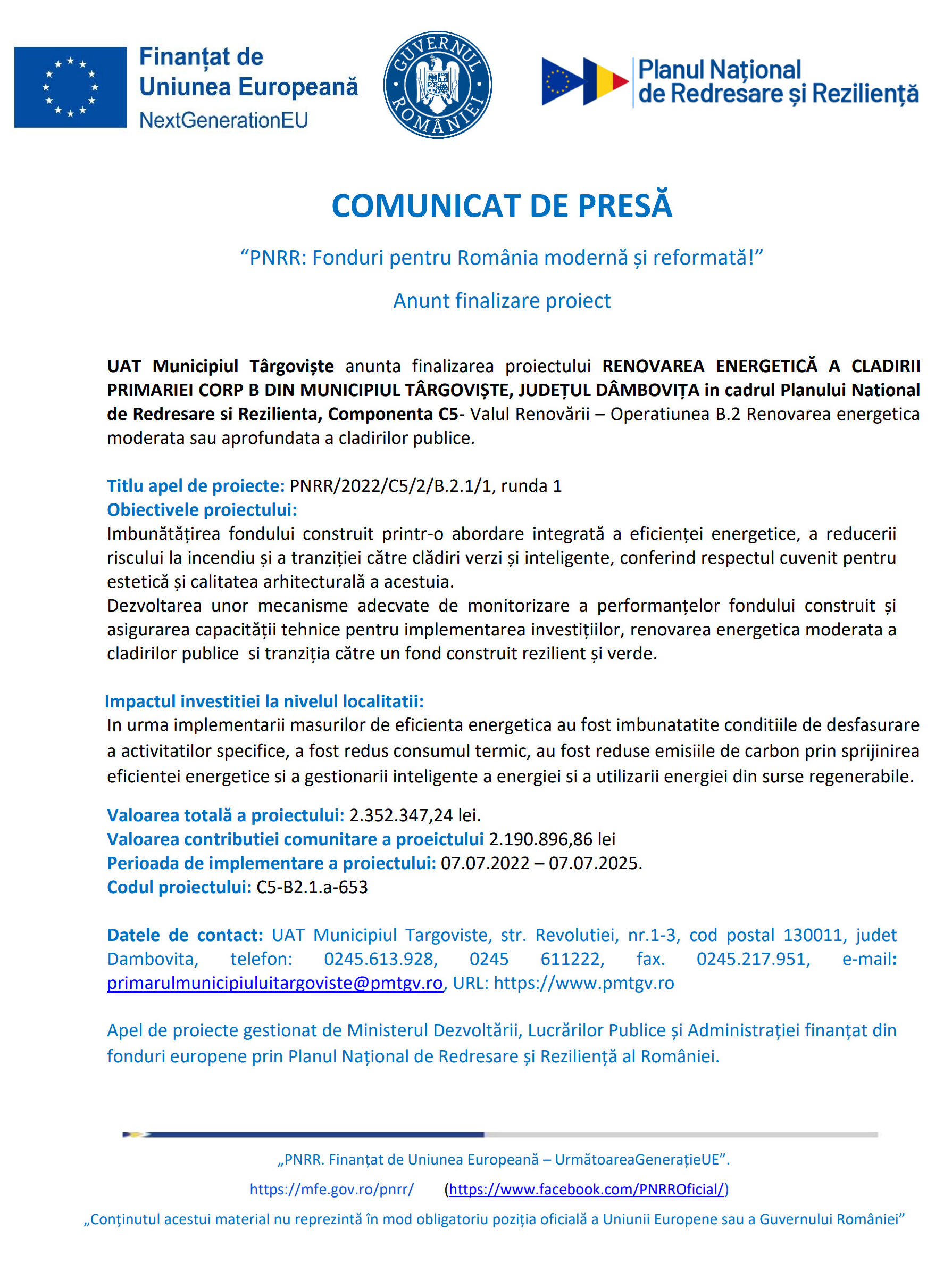 UAT Municipiul Târgoviște anunță finalizarea proiectului RENOVAREA ENERGETICĂ A CLĂDIRII PRIMĂRIEI CORP B DIN MUNICIPIUL TÂRGOVIȘTE