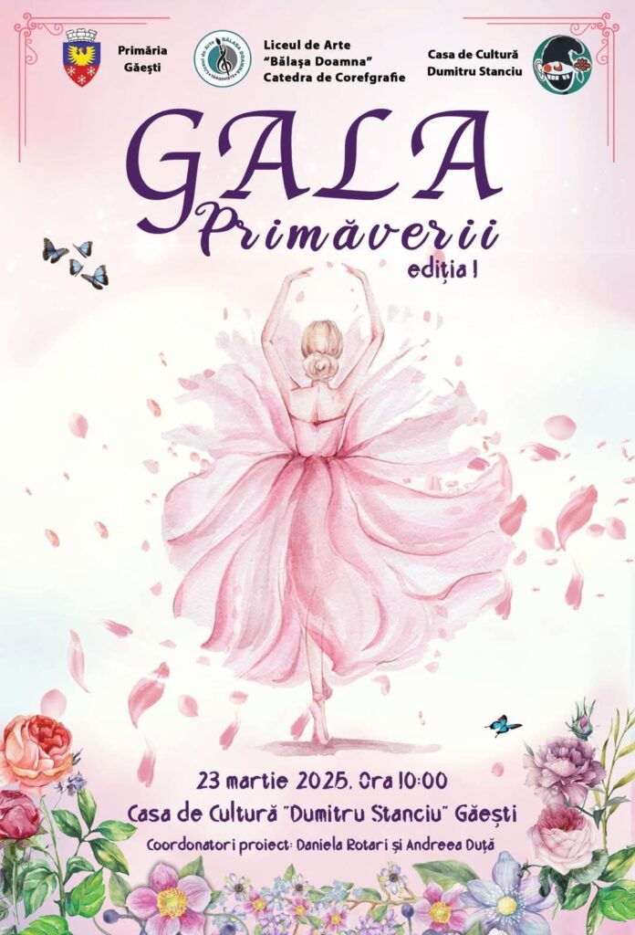 La Găești,  „Gala Primăverii”, prima ediție,Secția de Coregrafie a Liceului de Arte „Bălașa Doamnă” din Târgoviște, în parteneriat cu Casa de Cultură „Dumitru Stanciu” din  Găești, va organiza prima ediție a spectacolului „Gala Primăverii” pe 23 martie 2025, la ora 10:00. Evenimentul va aduna pe scenă elevii clasei de Coregrafie a liceului, alături de tinerii dansatori de la Studioul de Balet și Dans „Pirouette” și Școala „Daniela Rotari Ballet Dance Studio”.