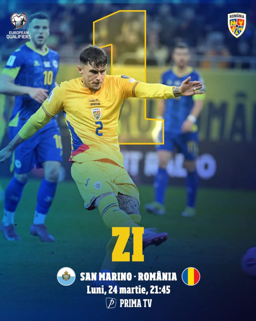 Astăzi, 24 martie 2025,  România se pregătește să joace un meci crucial împotriva San Marino, la ora 21:45! Suporterii tricolori vor putea urmări partida pe Prima TV,