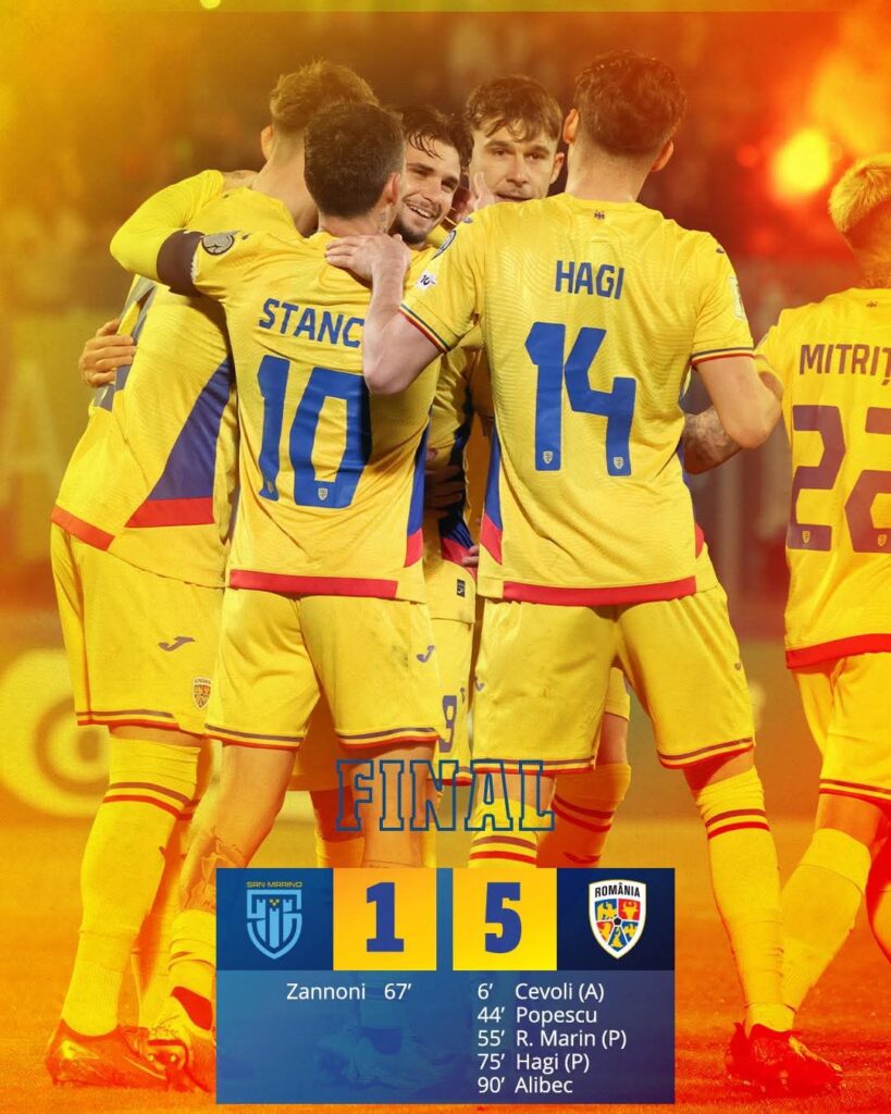 România a obținut o victorie clară în fața San Marino, scor 5-1, în etapa a doua a preliminariilor pentru Campionatul Mondial din 2026