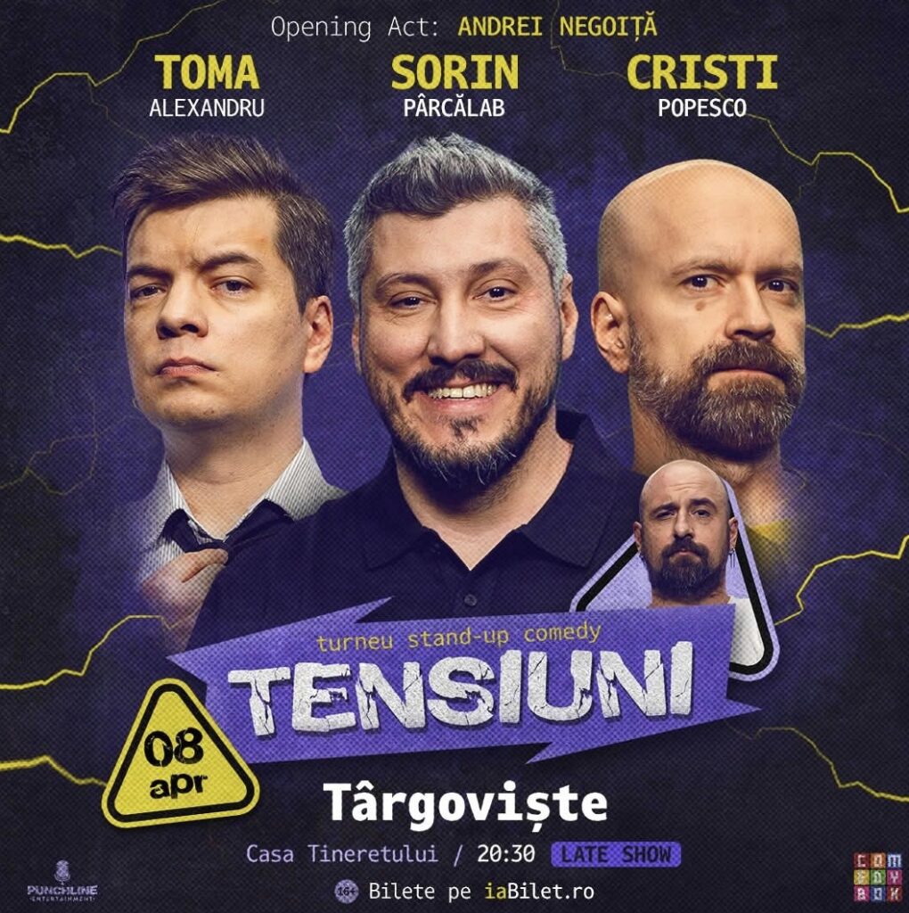 Pe 8 aprilie 2025, iubitorii de comedie vor avea ocazia să-i vadă pe Sorin Pârcălab, Cristi Popesco și Toma într-un show de stand-up comedy unic, parte a turneului național „Tensiuni”