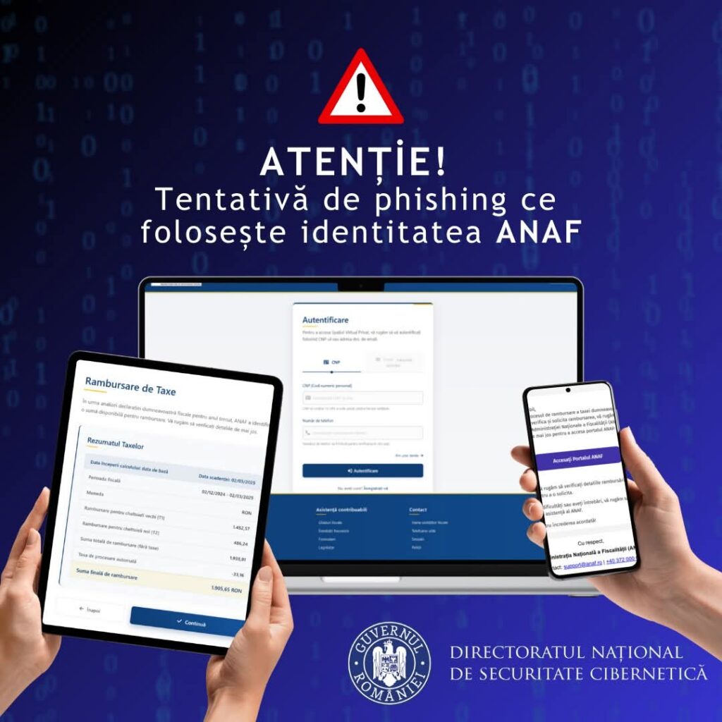 Atenție! Tentativă de phishing ce folosește identitatea ANAF Atenție! Tentativă de phishing ce folosește identitatea ANAF .DNSC avertizează asupra unei noi campanii de phishing care se face în numele ANAF. Atacatorii trimit e-mailuri false („АNАF RО”) de la adrese suspecte, promițând rambursări de taxe și incluzând un link fraudulos