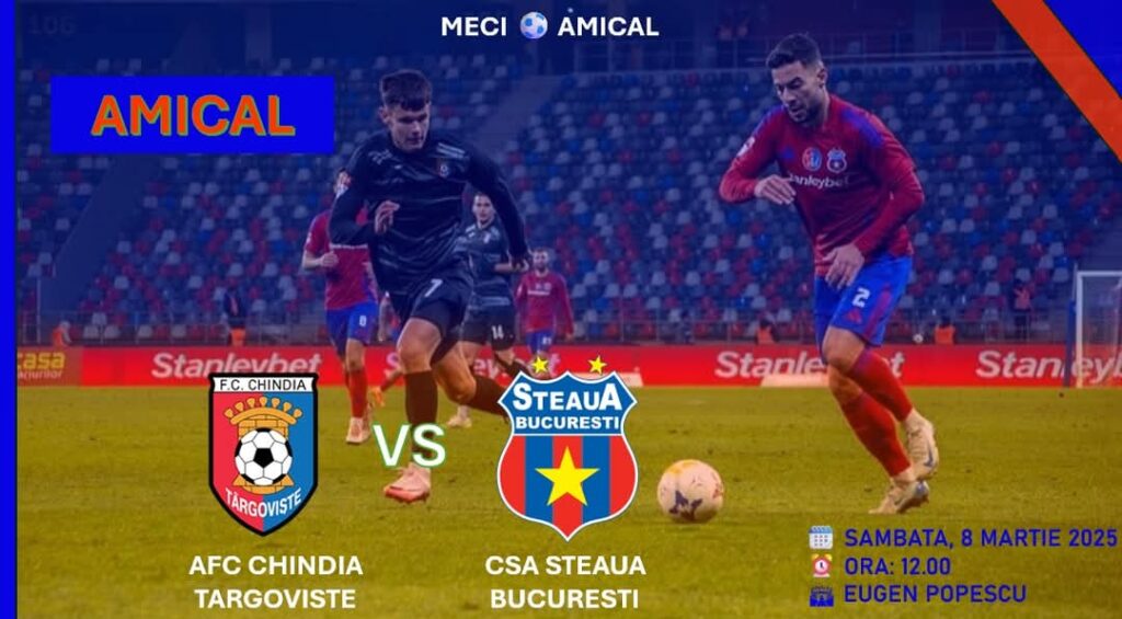 Meci amical între Chindia și CSA Steaua București, cu acces gratuit pentru suporteri Meci amical între Chindia și CSA Steaua București, cu acces gratuit pentru suporter, pe 8 martie 2025.