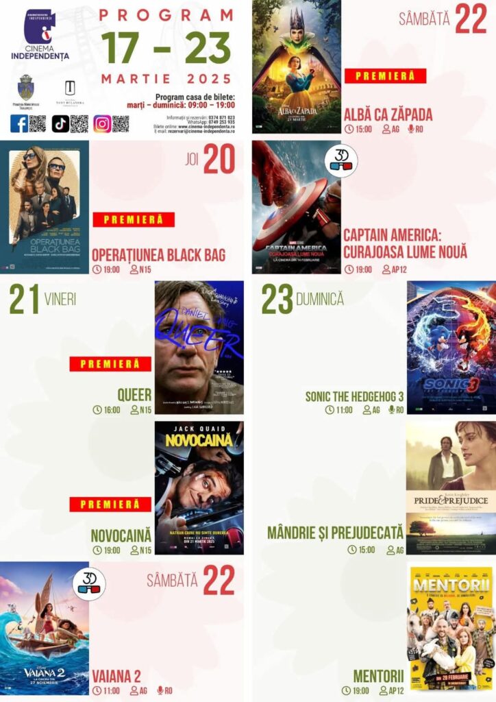 Cinema Independența te așteaptă cu o selecție de filme care te vor ține cu sufletul la gură! Săptămâna aceasta, programul este actualizat constant, iar noile filme sunt disponibile pentru vizionare atât online, cât și direct la casierie.