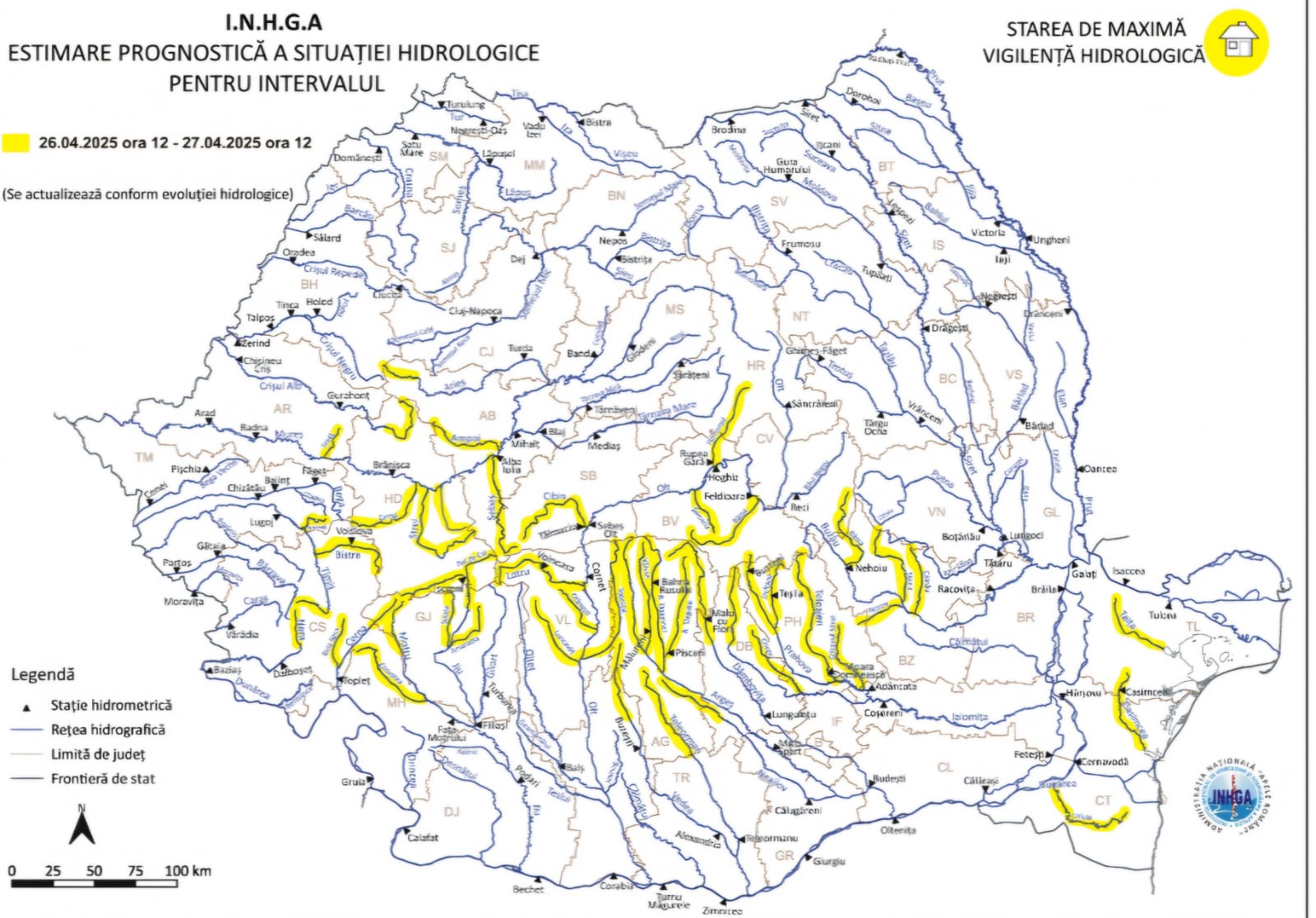 ATENȚIONARE HIDROLOGICĂ: COD GALBEN DE INUNDAȚII ÎN JUDEȚUL DÂMBOVIȚA