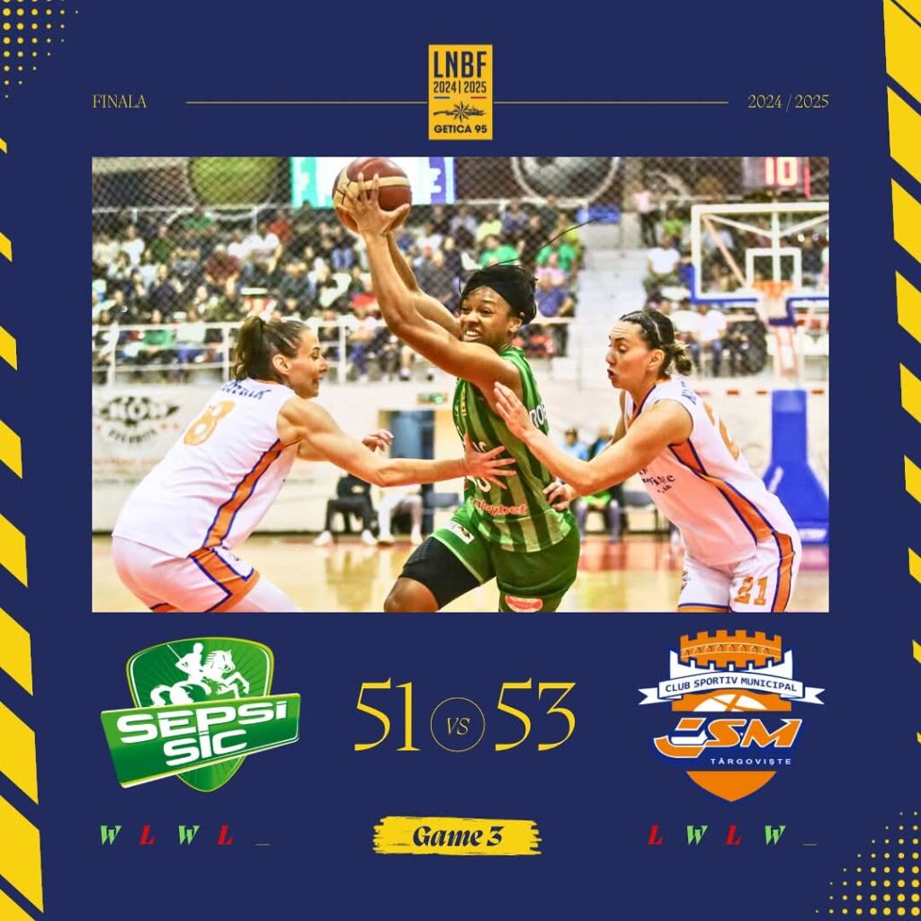 Echipa de baschet feminin CSM Târgoviște a obținut o victorie memorabilă în meciul 4 al finalei Ligii Naționale, învingând în deplasare campioana en-titre Sepsi SIC Sfântu Gheorghe, cu scorul de 53-51.