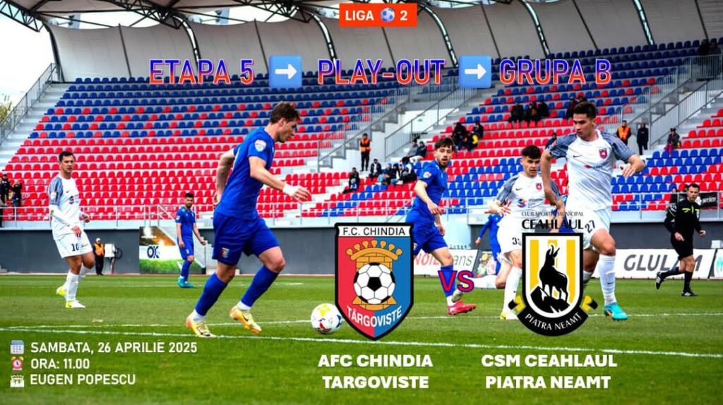 Chindia Târgoviște - CSM Ceahlăul Piatra Neamț – Duel decisiv în Play-Out-ul Ligii 2, pe  26 aprilie, iubitorii fotbalului sunt așteptați pe Stadionul Eugen Popescu din Târgoviște pentru un meci important din Etapa a 5-a a Play-Out-ului, Grupa B.
