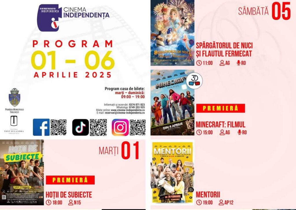 Luna aprilie începe cu o nouă serie de filme captivante la Cinema Independența din Târgoviște! Locuitorii orașului și nu doar, sunt invitați să descopere
