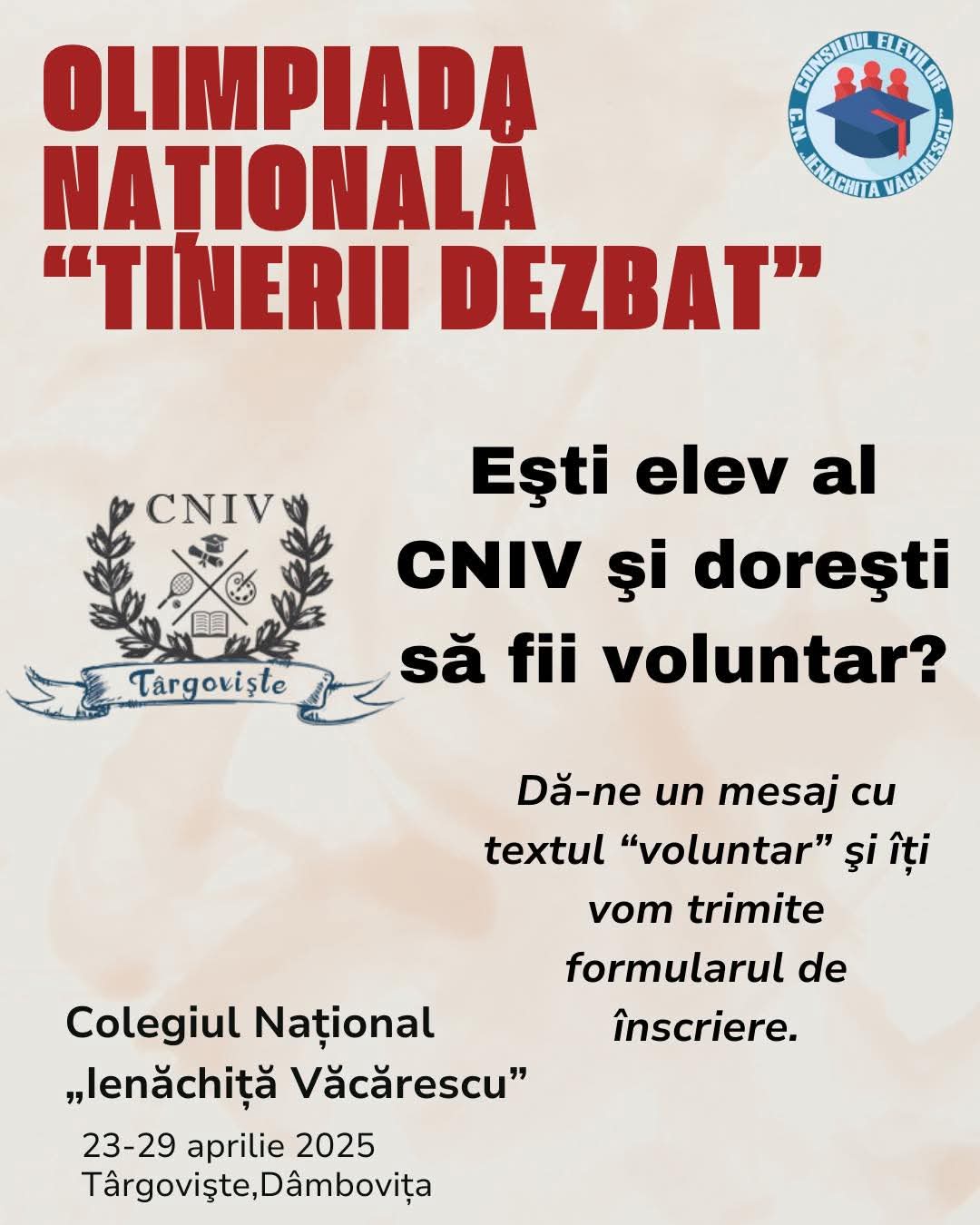 Colegiul Național Ienăchiță Văcărescu din Târgoviște va găzdui, în perioada 23-29 aprilie 2025, etapa națională a Olimpiadei Naționale de Argumentare, Dezbatere și Gândire Critică