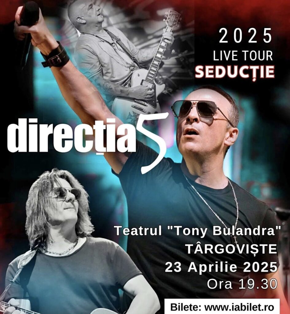 Direcția 5 are concert la Teatrul Tony Bulandra din Târgoviște pe 23 aprilie 2025 Direcția 5 are concert la Teatrul Tony Bulandra din Târgoviște pe 23 aprilie 2025.
