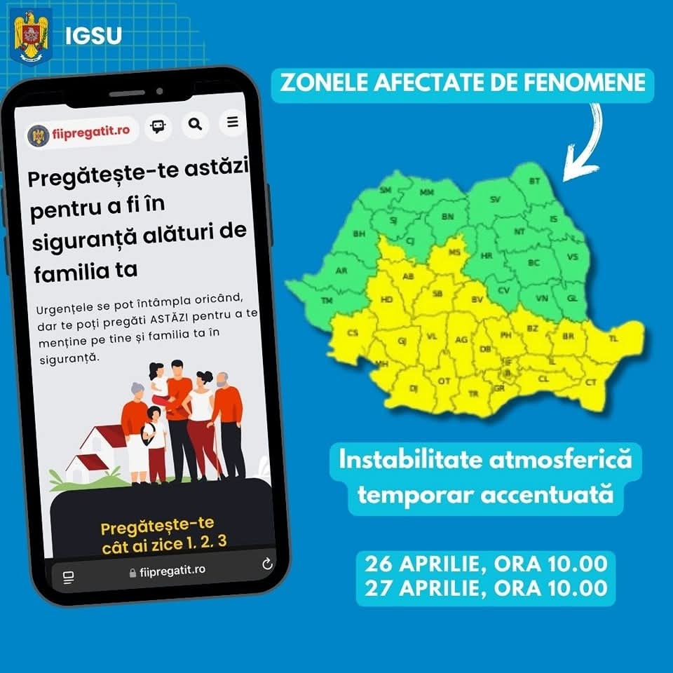 ISU Dâmbovița avertizează populația asupra unui episod de instabilitate atmosferică accentuată, care va afecta județul începând de sâmbătă, după ora prânzului. Potrivit Administrației Naționale de Meteorologie, județul se află sub incidența unui cod galben de vreme severă.