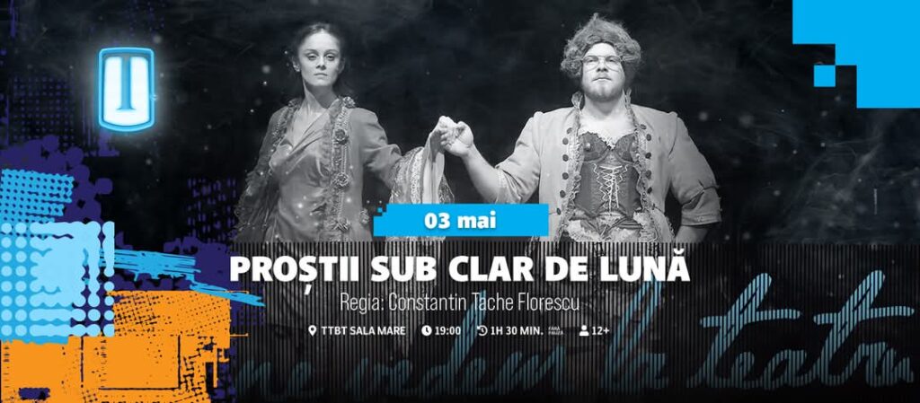 Spectacol de comedie , 3 mai, de la ora 19:00, Teatrul Tony Bulandra din Târgoviște vă invită la un spectacol plin de umor, sarcasm și adevăruri incomode despre dragoste, slăbiciuni și vise amânate: „Proștii sub clar de lună”, după textul celebrului dramaturg Teodor Mazilu.