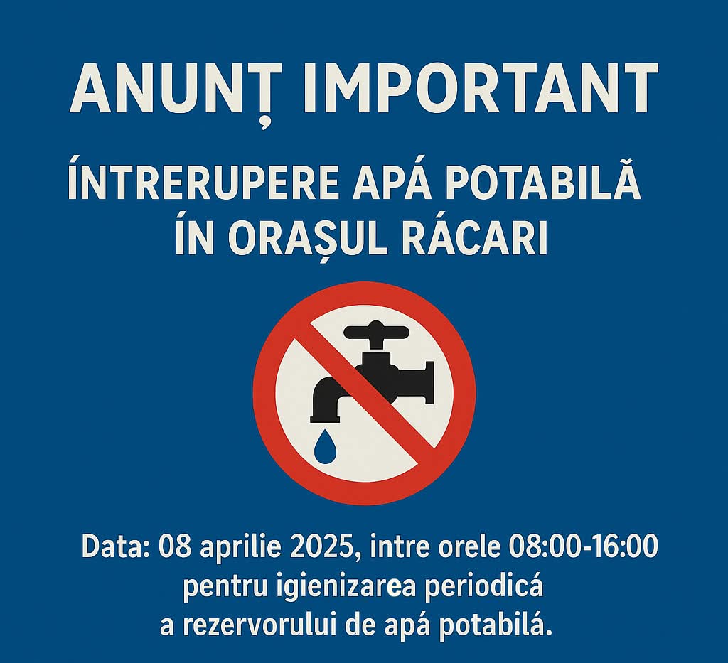 Compania de Apă Târgoviște-Dâmbovița anunță că, pe 8 aprilie 2025, între orele 08:00 și 16:00, va fi întreruptă alimentarea cu apă potabilă în orașul Răcari
