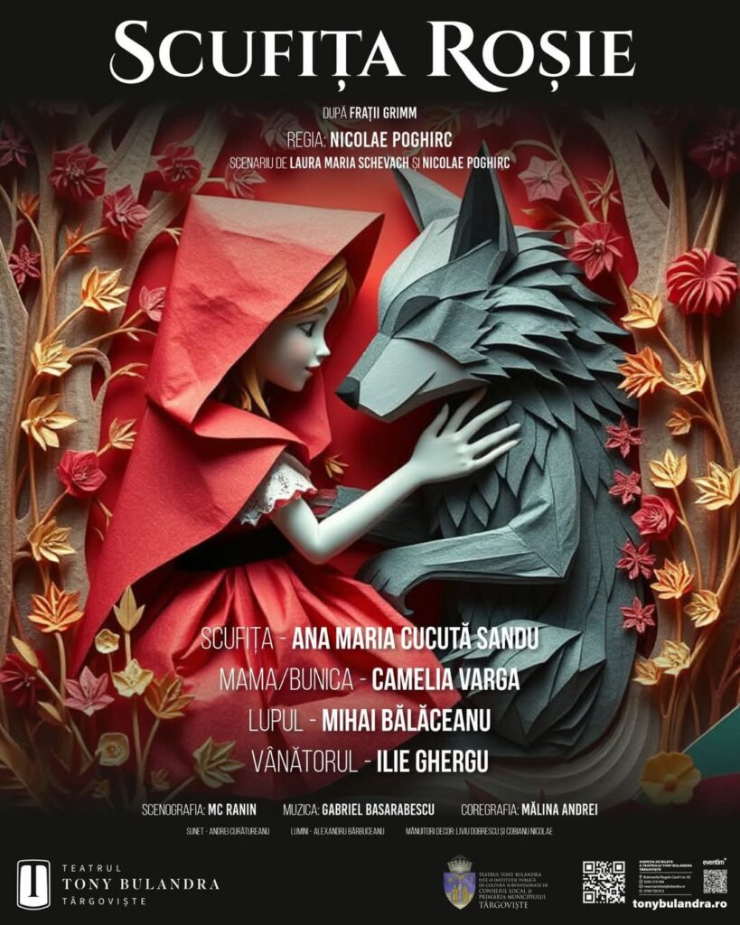 Teatrul Tony Bulandra din Târgoviște invită publicul de toate vârstele la o nouă premieră de excepție: „Scufița Roșie”, o adaptare modernă și plină de farmec a celebrei povești clasice. Spectacolul va avea loc pe 17 mai, de la ora 11:00, pe scena teatrului târgoviștean.