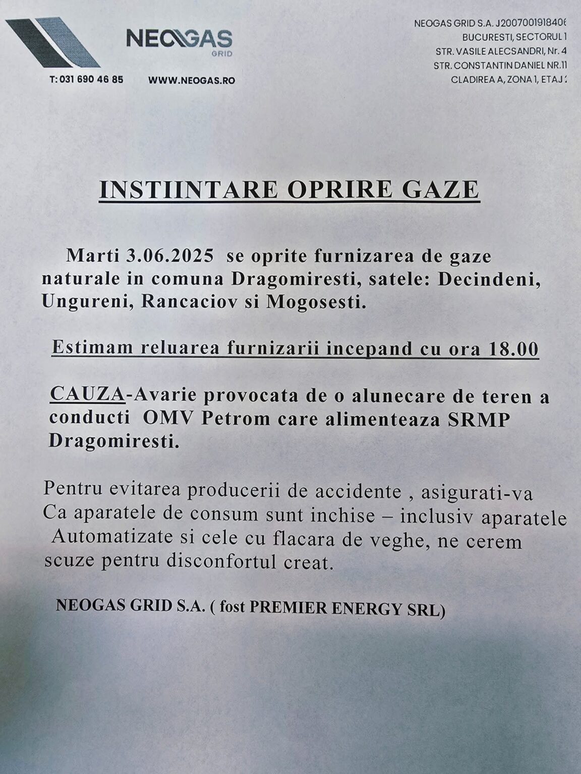 ANUNȚ: Oprire temporară a furnizării gazelor naturale în comuna Dragomirești NUNȚ: Oprire temporară a furnizării gazelor naturale în comuna Dragomirești