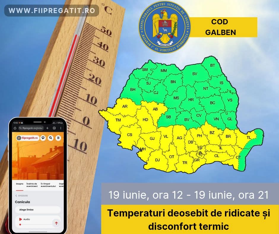 COD GALBEN de caniculă în Dâmbovița: Temperaturile urcă până la 36°C pe 19 iunie