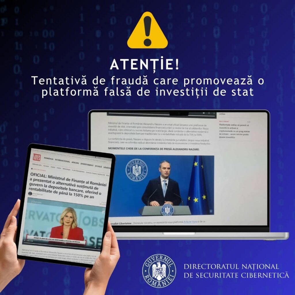 ALERTĂ DE SECURITATE CIBERNETICĂ: Campanii frauduloase în mediul online folosesc în mod fals imaginea Ministrului de Finanțe!