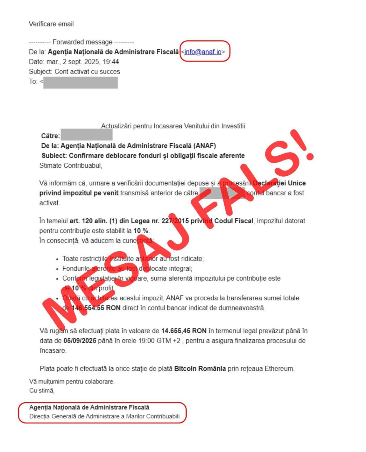 ANAF avertizează contribuabilii: atenție la mesajele false transmise în numele instituției ANAF avertizează contribuabilii: atenție la mesajele false transmise în numele instituției