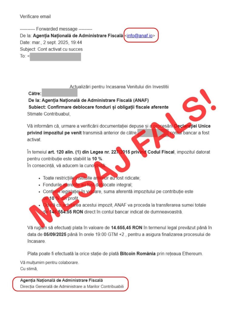ANAF avertizează contribuabilii: atenție la mesajele false transmise în numele instituției