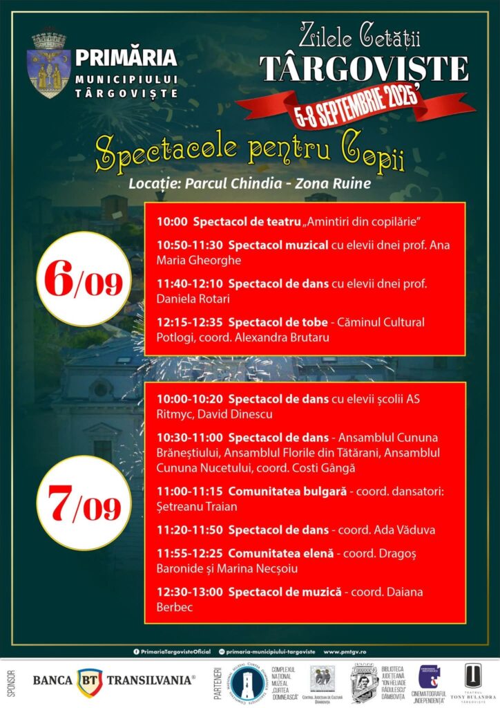 Parcul Chindia prinde viață cu spectacole pentru copii la Zilele Cetății Târgoviște, distracție și cultură pentru cei mici