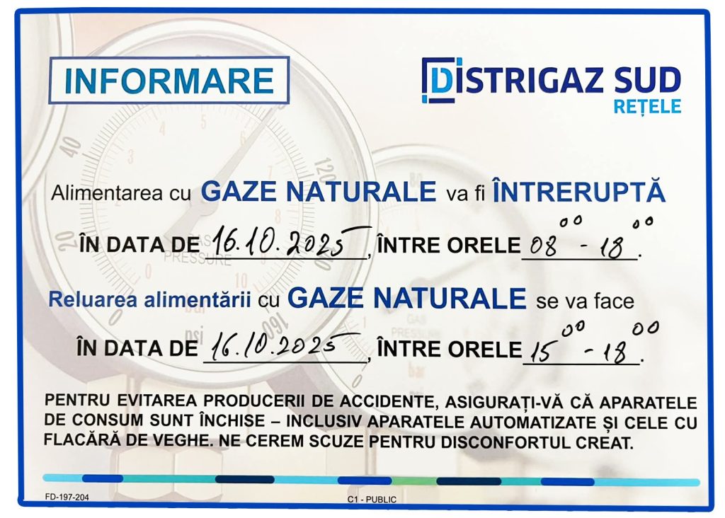 Atenție, locuitori ai orașului Titu – întrerupere temporară a gazelor naturale!