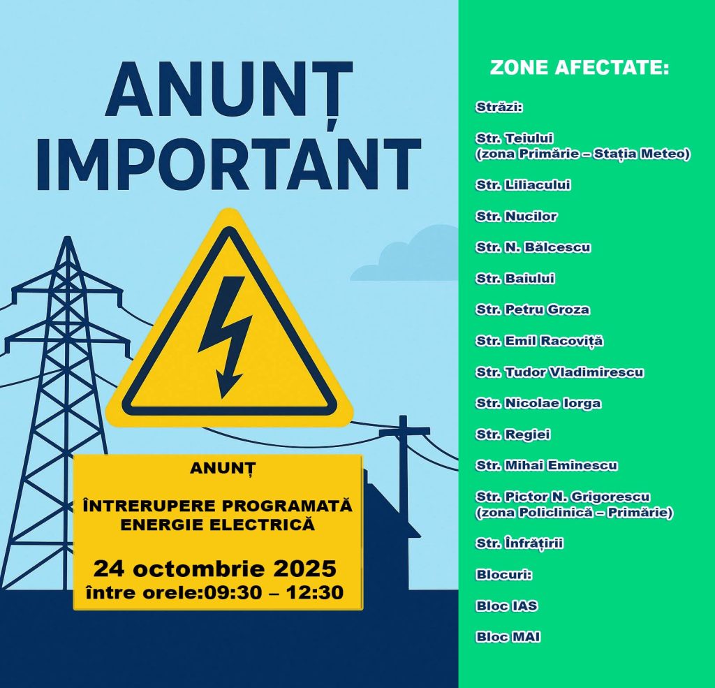 Întrerupere programată a energiei electrice la Titu, pe 24 octombrie: Mai multe străzi și blocuri vor fi afectate