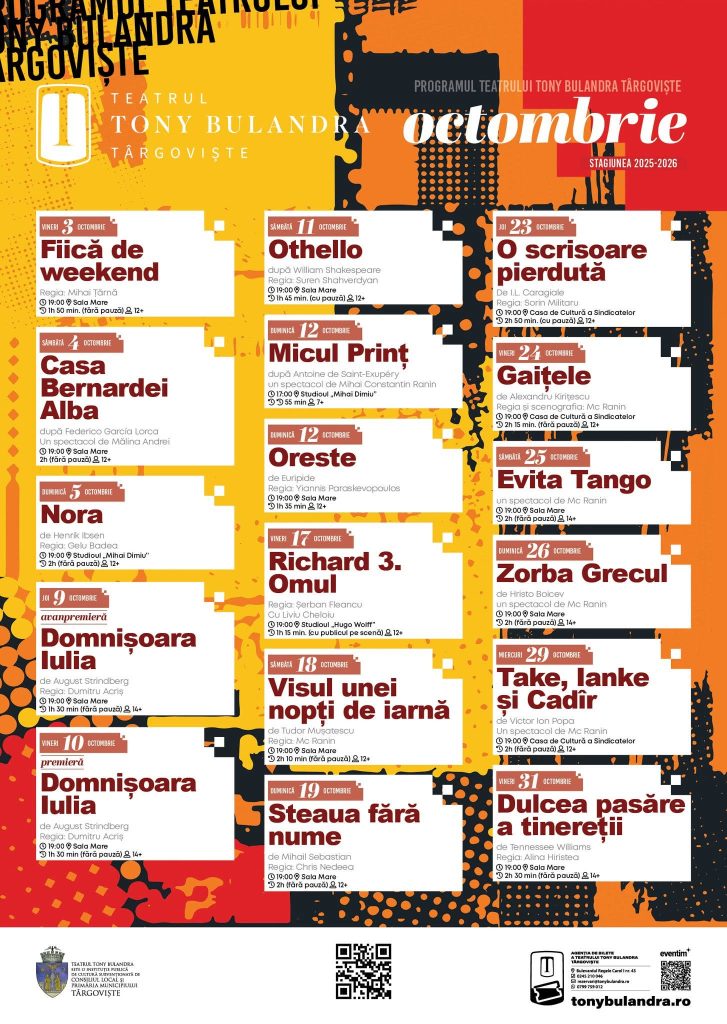 Octombrie teatral la Târgoviște: Spectacole pentru adulți și copii la Teatrul „Tony Bulandra”