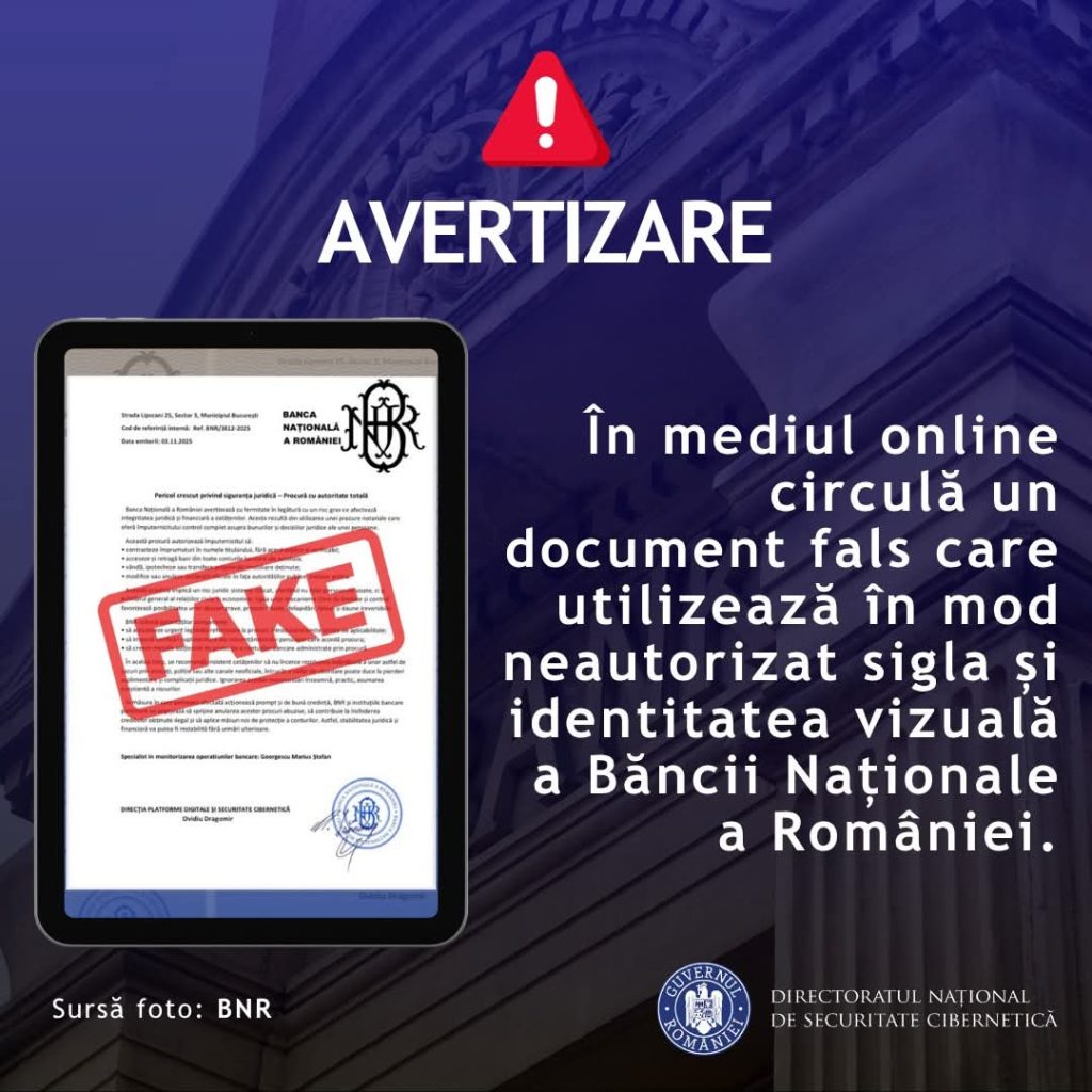 Atenționare: Document fals atribuit Băncii Naționale a României circulă în mediul online