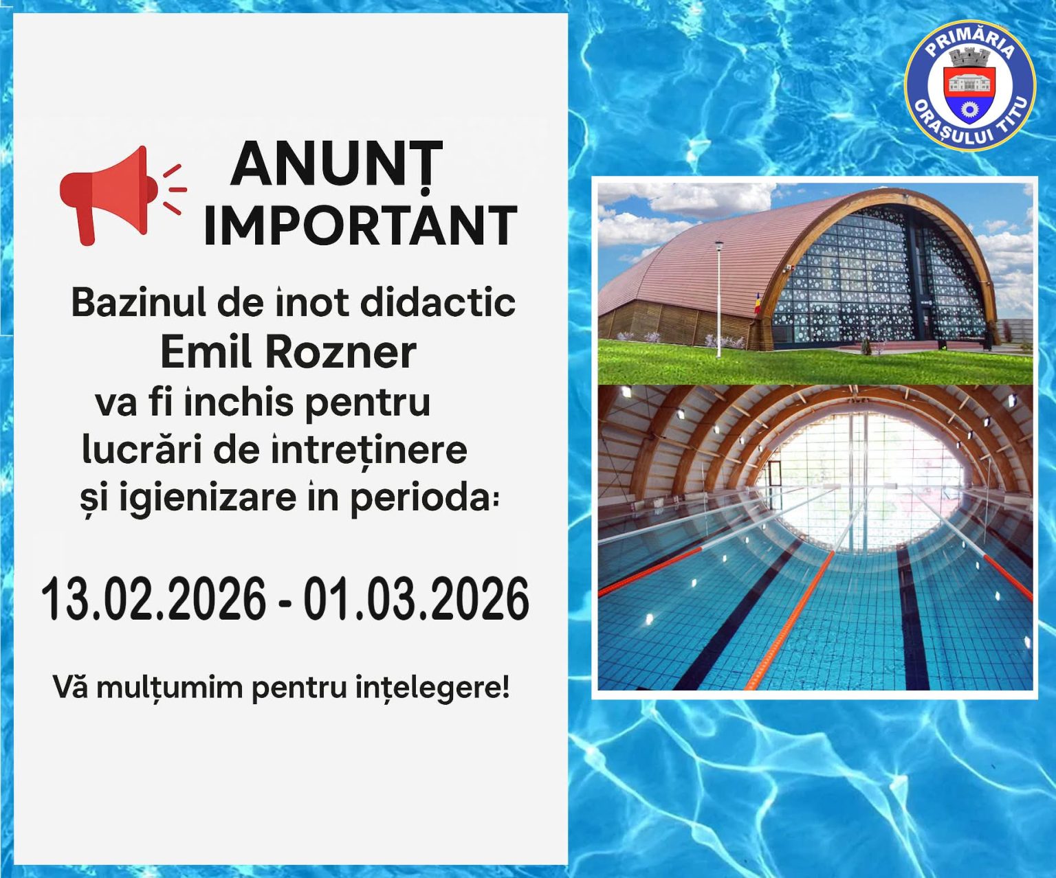 Bazinul de Înot Emil Rozner din Titu va fi închis temporar pentru lucrări de întreținere și igienizare 